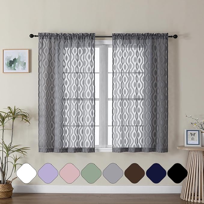 Aiyufeng Grey Sheer Curtains 45 Inch Length 2 Panels Set, Farmhouse Clip Jacquard Textured Short Curtains, Lightweight Chic Wavy Line Window Curtains Drapes for Bedroom, 40" Wx45 L Inches
