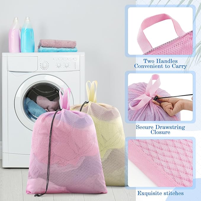 6 Pack 20 x 17 Inches Colorful Mesh Laundry Bag with Handles Machine Washable Secure Drawstring Closure Large Sturdy Mesh Net Laundry for College Travel Dorm Laundromat