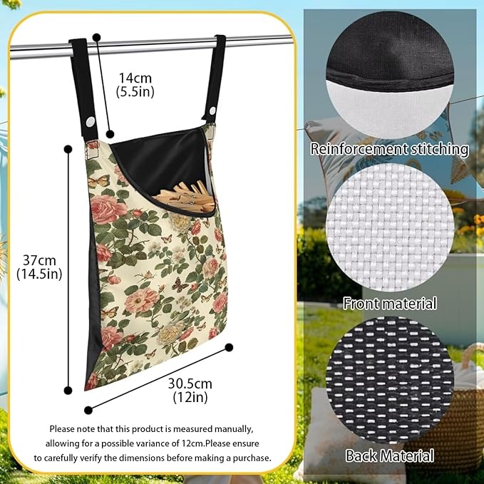 Floral Clothes Pin Hanging Bag with Hanging Rope 14.5 X 12 Inch Clothespin Bag for Clothes Pins and Clothespins - Heavy Duty Outdoor Use