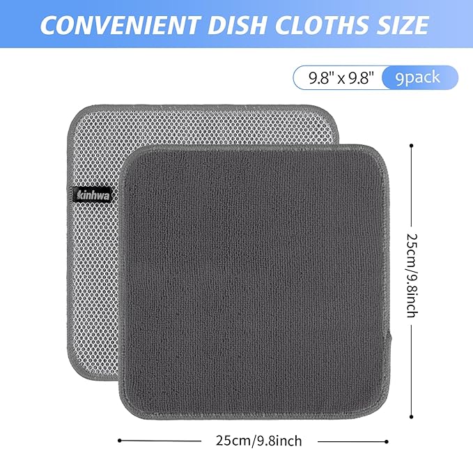KinHwa Kitchen Washcloths for Dishes Absorbent Microfiber Dish Cloths Quick Dry Dish Rags with Poly Scour Scrub Side Ideal for Kitchen Cleaning (Gray, 10inch X10inch 9Pack)