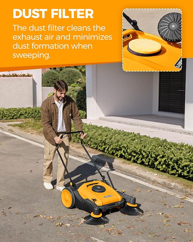 41" Industrial Walk-Behind Hand Push Floor Sweeper | Commercial 55L Large Capacity | 45000 SqFt/Hour | Indoor & Outdoor Use (Yellow)