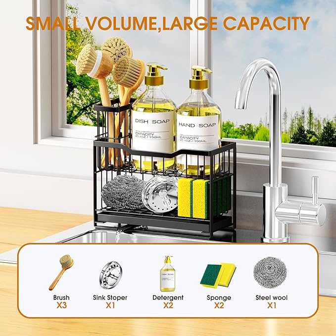2-Tier Kitchen Sink Caddy with High Brush Holder&Self-Draining Tray,Rustproof&Non-Slip Sink Sponge Holder,Kitchen Countertop Storage Organizer,Soap Dispenser Storage - Black