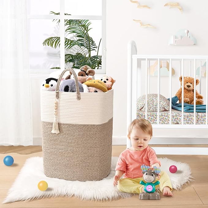 Woven Laundry Basket for Clothes, 80L Large Rectangle Laundry Hampers with Beads Tassel, Nursery Storage Basket for Toys, Tall Dirty Clothes Hamper for Bedroom Aesthetic, Laundry Room Organization
