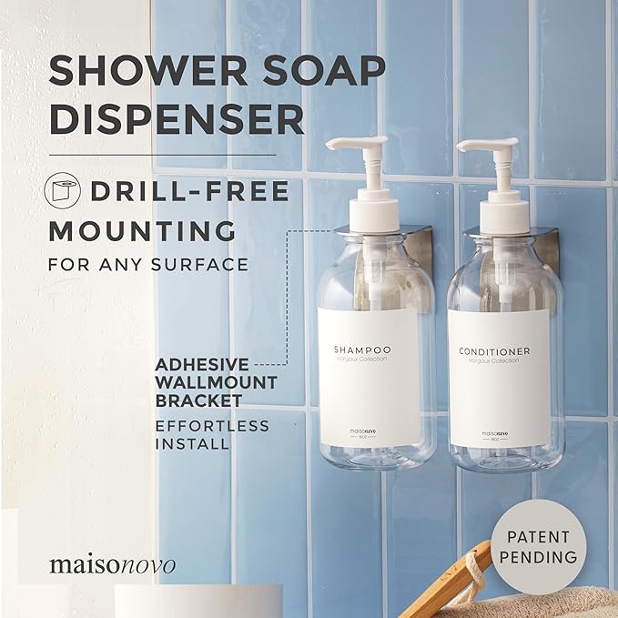 MaisoNovo Shampoo and Conditioner Dispenser - Shower Soap Dispenser Wall Mounted - 16.9 fl oz Set of 2 Clear Plastic Bottles White Pump - Shampoo Dispenser, Shower Dispenser 2 Chamber No Drill