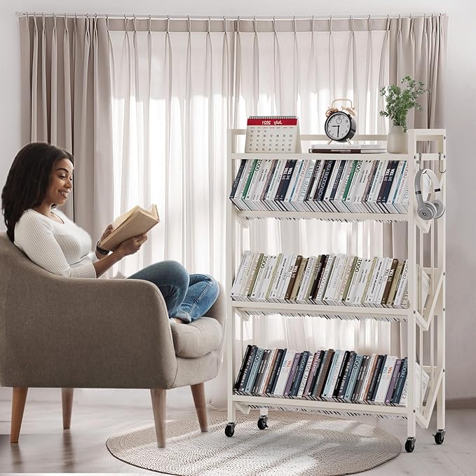 Book Carts 4 Tier 46.5x35.4x9.84 in Rolling Book Cart Large Capacity Bookshelf Storage Rack Mobile Book Storage with Wheels Cart for Home Office Living Room Classroom (White)
