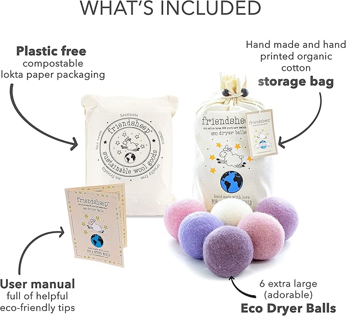 Friendsheep Wool Dryer Balls, Organic Reusable Fabric Softener Alternative for Laundry, Handmade, Fair Trade, Hypoallergenic, Eco-Friendly, Plastic-Free (6 Pack XL - Lavender Bliss)