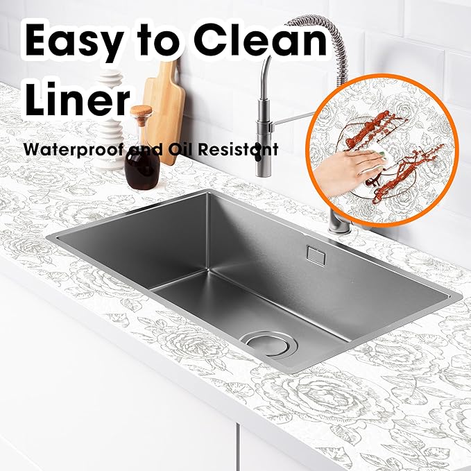 Drawer and Shelf Liner for Kitchen Cabinets Non-Adhesive, Non-Slip Cabinet Liner Shelf Paper Strong Grip Waterproof Easy to Clean for Kitchen Shelves Cupboard, Flower,17.5IN X 20FT