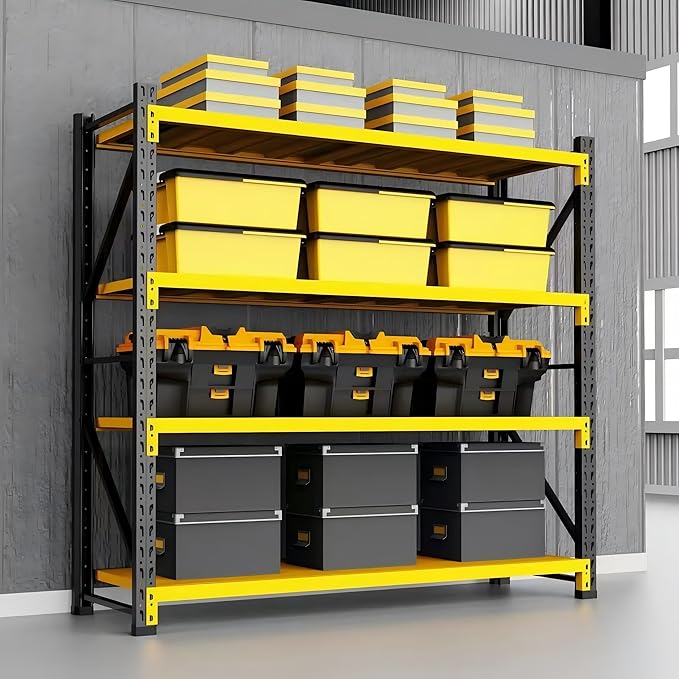 Storage Shelves Heavy Duty, Metal Garage Shelving Units, 4 Tier Storage Rack Shelf, Steel Industrial Shelving, Adjustable Standing Shelf for Basement/Warehouse Yellow and Black, W59.06*D19.69*H78.74