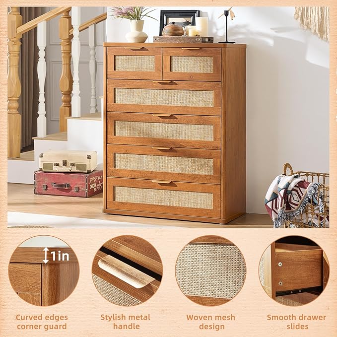 LEYAOYAO Rattan Dresser for Bedroom, 42" Tall Chest of Drawers, Modern 6 Drawers Boho Dressers with Storage, Vintage Brown Dresser Wooden Closet Organizer for Living Room, Hallway