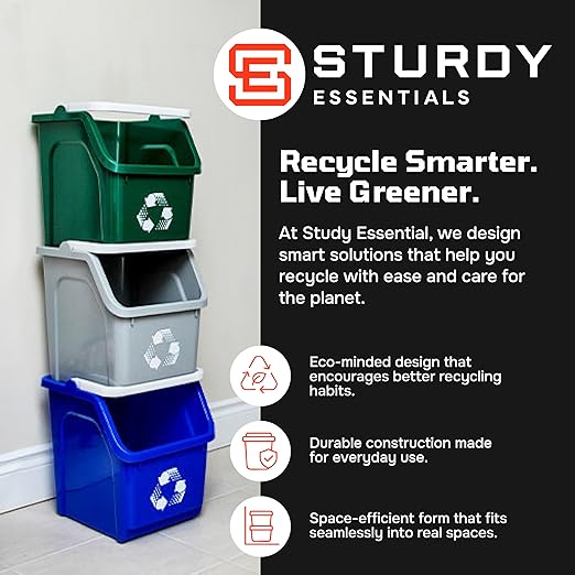 Multi Recycling Bin System with Three Stacking 6 Gallon Bins with Carrying Handles, Stackable and Compact for Offices, Homes, Garages, Businesses - (Green, 6 Pack)