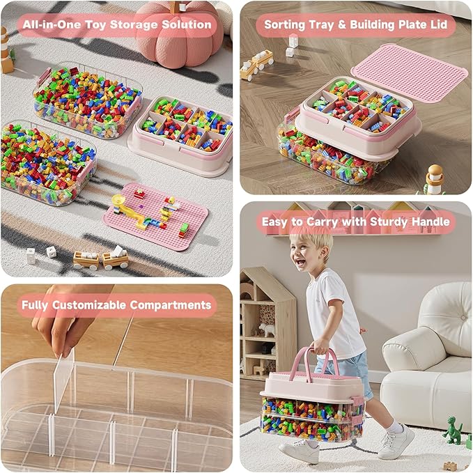 Toy Storage Organizer Box with Handle, Stackable Building Block Toy Box with Building Plate Lid & Removable Sorting Trays, Cubby Bins and Containers 2 Layer (Pink)