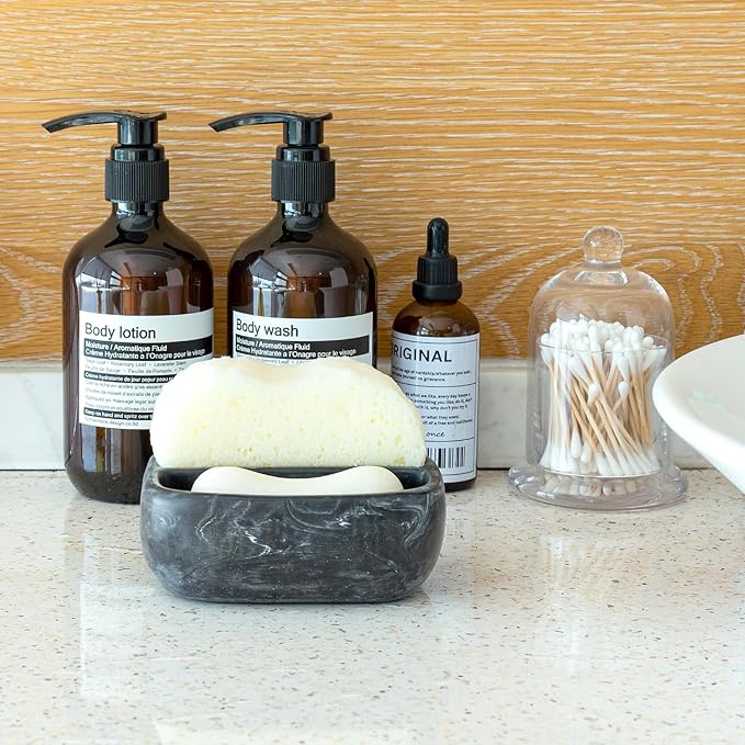MyGift Modern Black Resin Double Sponge Holder with Realistic Marble Pattern for Kitchen Sink Countertop, Dish Cleaning Sponges or Scrubbing Pads Bowl with 2 Compartments