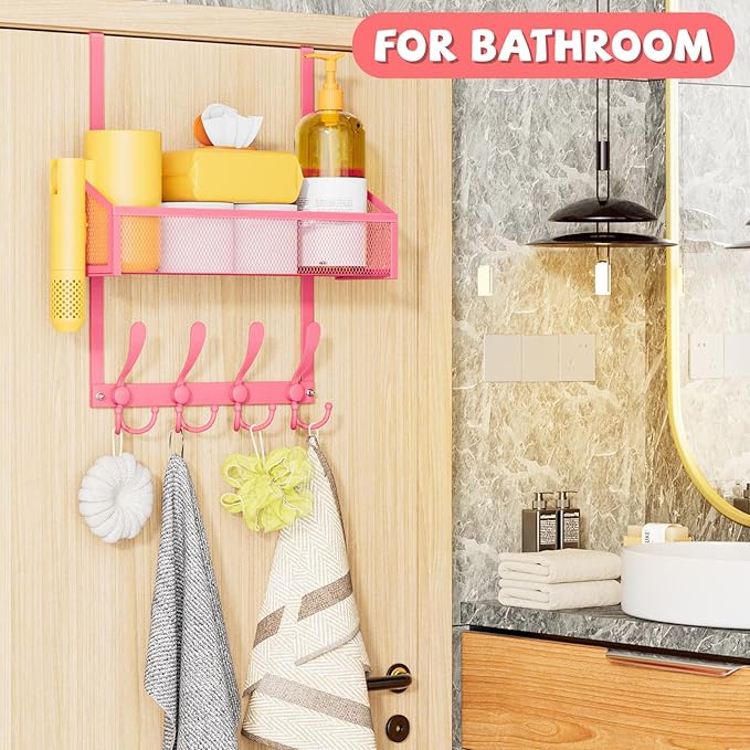 Over The Door Hooks Organizer, Coat Rack Over The Door Storage Hanger Towel Rack, Back of Storage Organizer for Bathroom,Bedroom,Kitchen,Office(Pink 2-Tier)