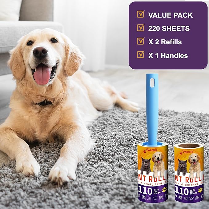 Lint Rollers for Pet Hair Extra Sticky, 220 Sheets/2 Lint Roller Refills with 1 Durable Handles, Pet Hair Roller for Clothes, Furniture, Carpet
