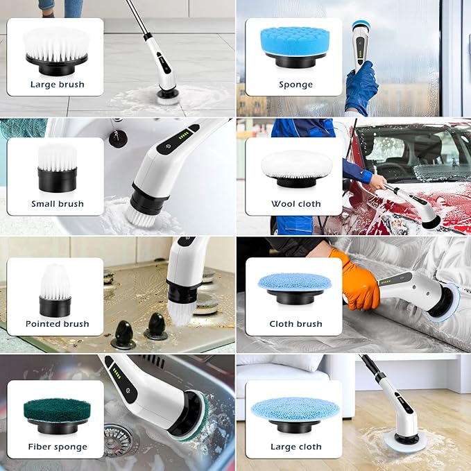 Electric Spin Scrubber, Cordless Cleaning Brush Scrubber for Home, 8 Replaceable Brush Heads-90Mins Work Time, 3 Adjustable Size, 2 Speeds for Bathroom Shower Bathtub Glass Car