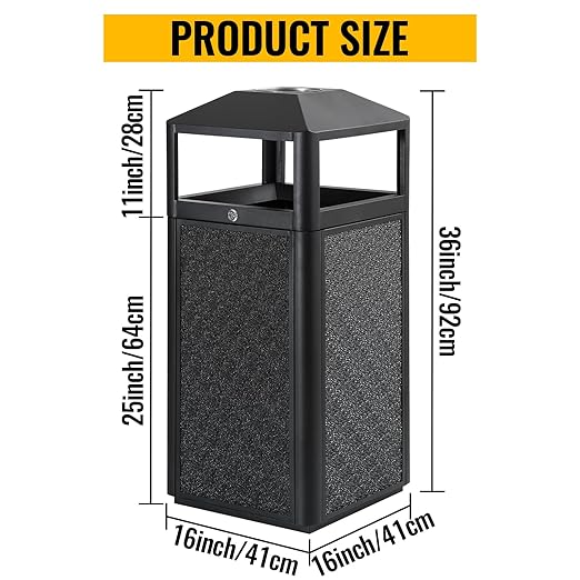 Square Waste Container with Dome Lid | Commercial Outdoor Garbage and Trash Container, Black, 15 Gallon