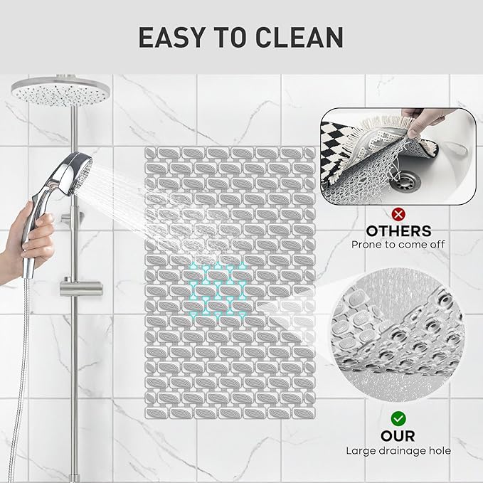 Shower Mat Non Slip Bathtub Mat - 27 x 16 Inch Eco-Friendly Soft Bath Mat for Tub Non Slip Shower Mats for Inside Shower with Suction Cups and Drain Holes, Easy to Clean Quick-Drying, Grey