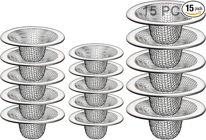 Bathroom Mesh Sink Drain Strainer Screen, 15PCS Drain Mesh Basket Cover Stainless Steel Slop Basket Filter Trap Tub Drain Screen Hair Catcher for Shower Utility Drain (2.125''&2.75"&4.41'')
