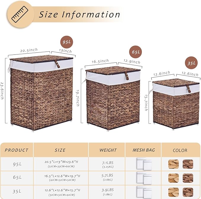 Handwoven Laundry Basket with Lid, Natural Water Hyacinth Storage Basket with Handle, Removable Cotton Liner, Durable and Stylish for Bedroom, Bathroom, Laundry Room