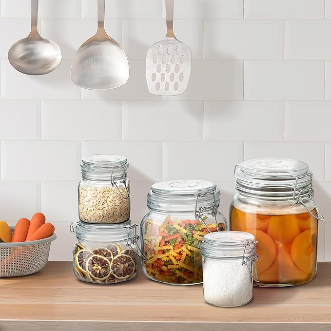 Glass Food Storage Jars with Airtight Lids 34 oz Square 4 Pack Kitchen Storage Containers Large Cabinet Canisters Sealed Pot Canning for Pasta, Cereal, Coffee, Beans, Spice