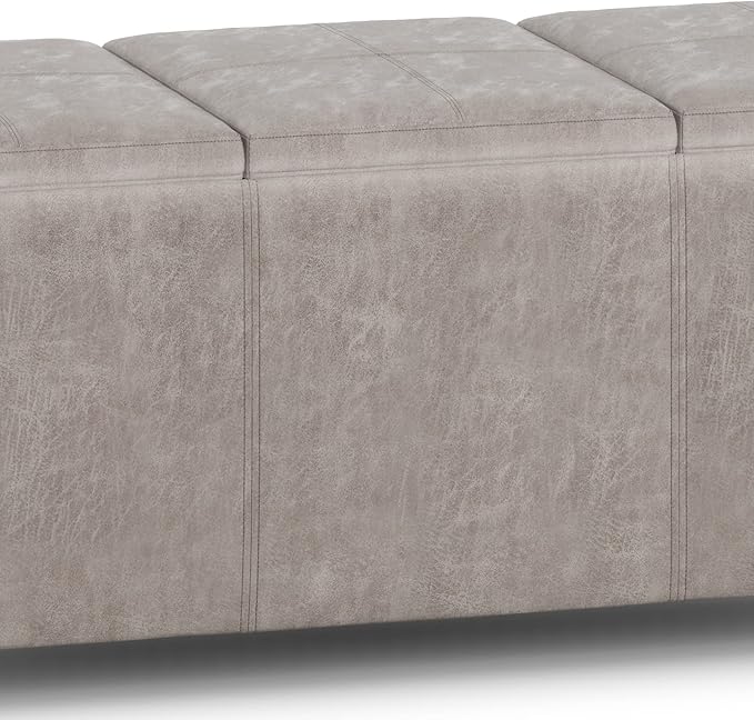 SIMPLIHOME Avalon 42 inch Wide Contemporary Rectangle Storage Ottoman in Distressed Grey Taupe Vegan Faux Leather, Assembled, for the Living Room, Entryway and Family Room