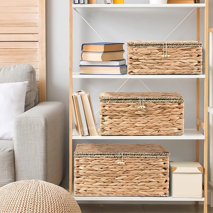 Wicker Storage Baskets with Lids and Handles, Hand Woven Rattan Storage Bins Box, Set 3 Natural Water Hyacinth Decorative Large Small Basket Container for Shelves, Bathroom Organizing