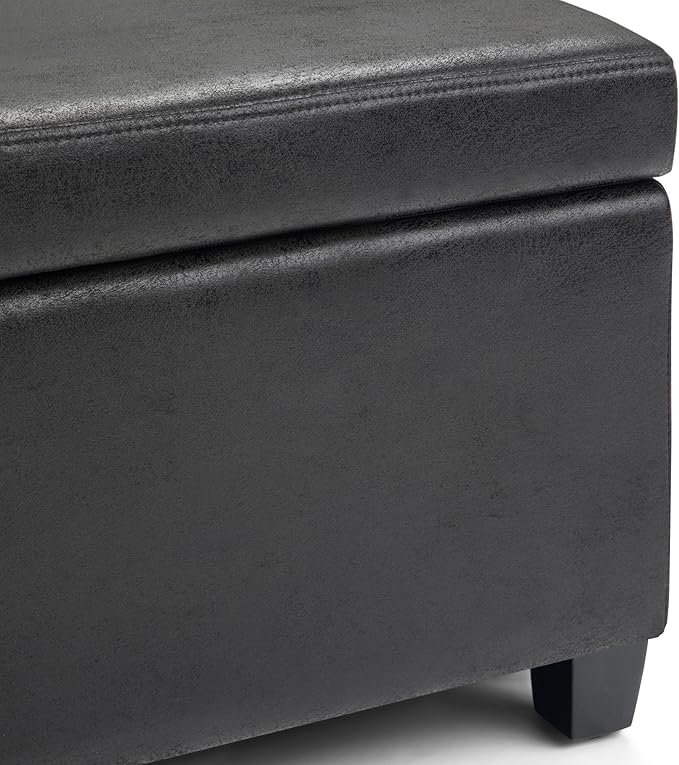SIMPLIHOME Avalon 48 inch Wide Contemporary Rectangle Storage Ottoman Bench in Distressed Black Distressed Vegan Faux Leather, Assembled, For the Living Room, Entryway and Family Room