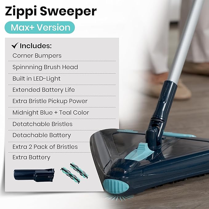 Zippi Sweeper Max Plus - 2025 Version Lightweight Sweeper, Triangular Design Allows for Sweeping in Corners, Perfect for Short Carpet Hardwood and Tile, LED Light, 1 Hr Cleaning Time