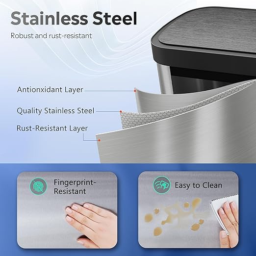 WLIVE 13 Gallon Trash Can, 50 Liter Large Capacity Motion Sensor Automatic Trash Cans Touchless with LED Indicator, Brushed Stainless Steel Finish Garbage Cans for Kitchen, Office, School, Silver