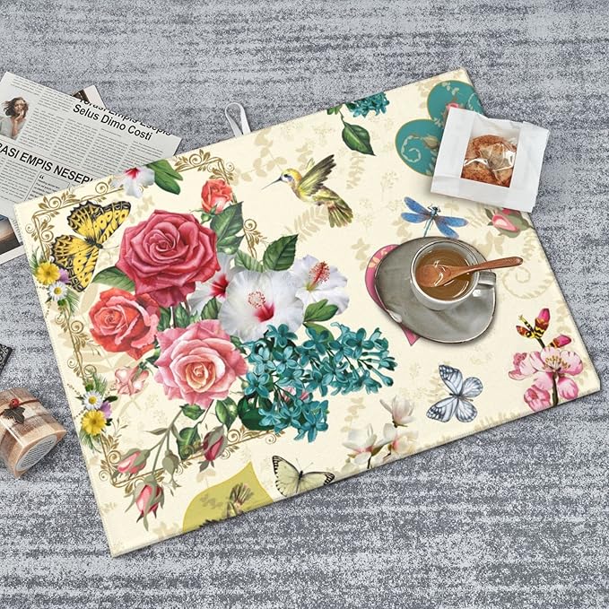 Dish Drying Mat For Kitchen Counter Absorbent Dish Mat Reversible Drainer Drying Kitchen Mat (Beautiful Boho Flowers, 24X18)