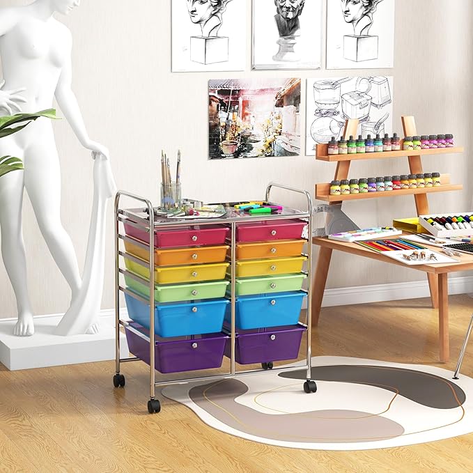 GOFLAME 12-Drawer Rolling Storage Cart, Multipurpose Organizer Cart with 2 Sizes Plastic Drawers, Mobile Utility Cart with Lockable Casters for School, Home Office, Beauty Salon, Rainbow