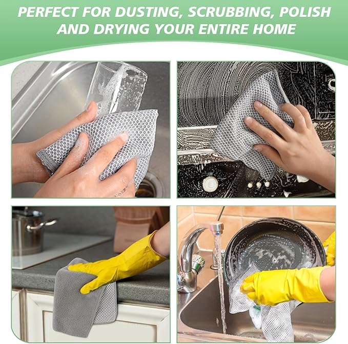 SINLAND Absorbent Microfiber Dish Cloths for Washing Dishes Best Kitchen Washcloth Cleaning Cloths with Poly Scour Side 12Inchx12 Inch 5 Pack, Grey