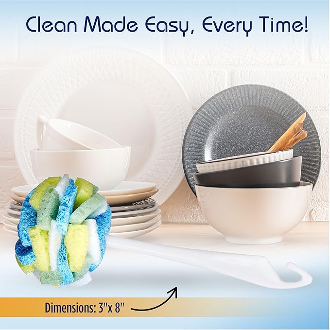 Compac Home Dish Wand Plus Cello, Foam & Scour Sponge Petals Brush and Clean Dishes, Pots, Bottles, & Glassware, 2 Count