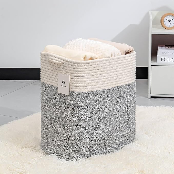 Medium and Large Woven Basket//With Handle, Used for Toys and Fabric Storage Basket used for Storing xl Storage Box, Decorative Storage Box Room (14L*15.7H R Silver Gray, 14L*10W*15.7H)