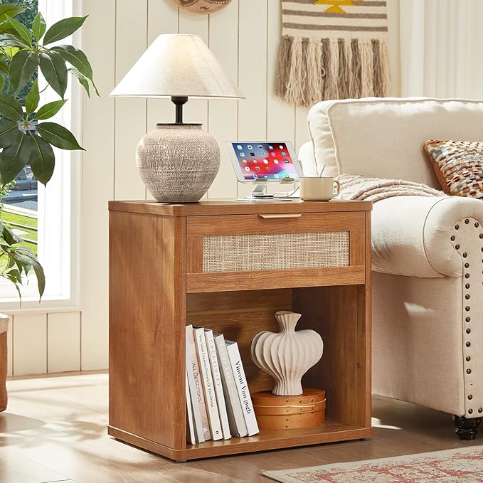 LEYAOYAO Rattan Nightstand with Charging Station, 23" Wide Boho Night Stand with Drawer, Natural Wood Bedside Table Open Storage Cabinet, Bed Side End Tables Dresser for Bedroom, Living Room, Hallway
