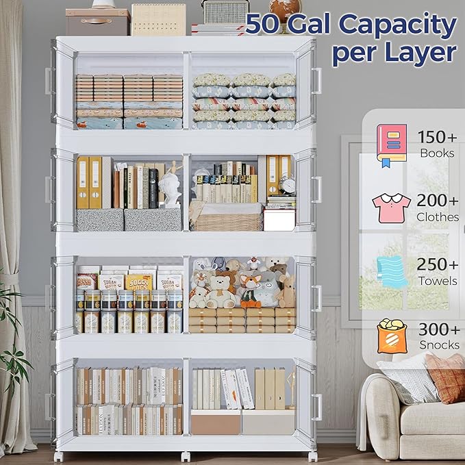 150GAL Storage Bins with Lid and Wheels, Stackable Closet Organizers and Storage Drawer, Collapsible Storage Box with Dividers, Foldable Plastic Cabinets Cubes Totes for Garage, 3 Pack White