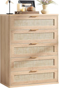 LEYAOYAO Rattan Dresser for Bedroom, 41" Tall Chest of Drawers, Modern 5 Drawers Boho Dressers with Storage, Light Oak Dresser Wooden Closet Organizer for Living Room, Hallway, Natural Wood
