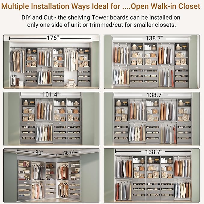 Aheaplus Closet System Set of 3, 138.5" Wood Closet Organizer System Tower with 12 Drawers & 4 Hanging Rods, 6.7+4.85Ft L Shaped Walk-in Closets Wardrobe Organizer Garment Rack with Shelves, Grey
