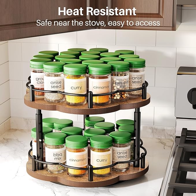 Lazy Susan Spice Rack Organization for Cabinet - 2 Tier Adjustable Height Lazy Turntable Spice Organizer for Kitchen Countertop & Pantry, Wood 10 Inch Seasoning Storage, Black