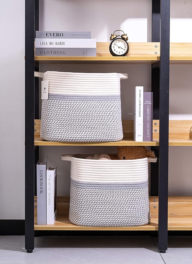 Medium and Large Woven Basket//With Handle, Used for Toys and Fabric Storage Basket used for Storing xl Storage Box, Decorative Storage Box Room 2pack (14L*12H YWhite/Gray, 14L*10W*12H)