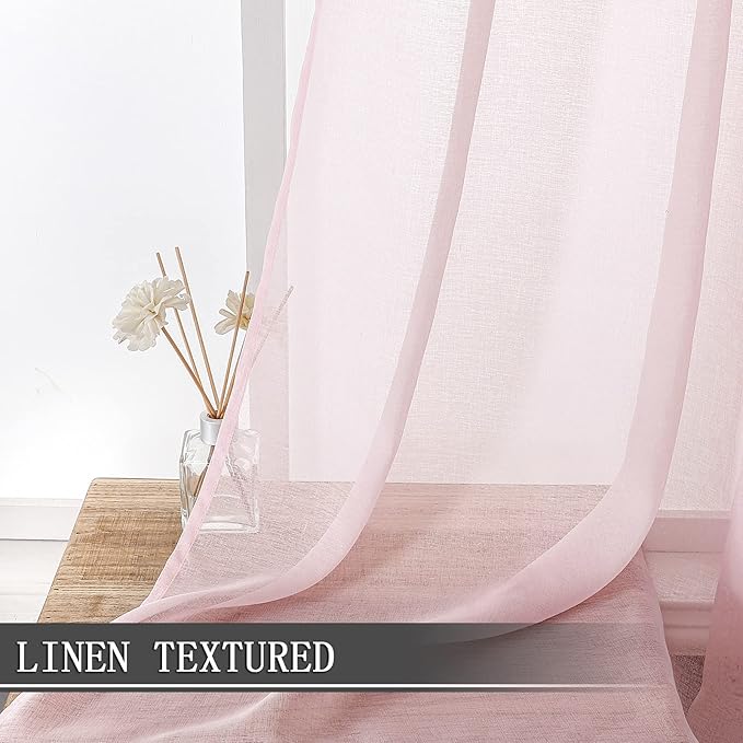 Tollpiz Sheer Curtains Linen Textured Bedroom Curtain Sheers Light Filtering Rod Pocket Voile Curtains for Living Room, 54 x 63 inches Long, Pink, Set of 2 Panels
