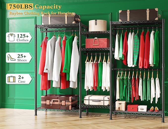 Raybee Clothes Rack, 725 LBS Clothing Rack Adjustable Clothing Racks for Hanging Clothes Metal Wire Garment Racks Sturdy Clothes Rack, 77" H x 70.5" W x 13.8" D, Black