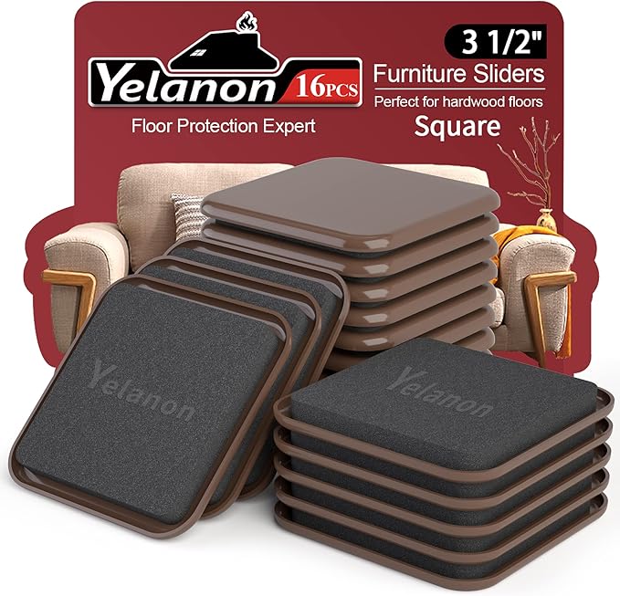 Yelanon Square Furniture Sliders – 16 PCS 3.5" Floor Protectors for Furniture – Strong Furniture Movers Sliders – Protects Floors from Scratches