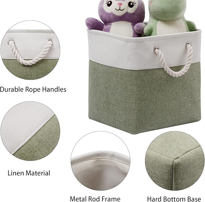 Cube Storage Bins, Collapsible Fabric Storage Cubes Bins, 11 Inch Cube Storage Bins with Handles, Foldable Storage Cubes (White/Green, 6Pack)
