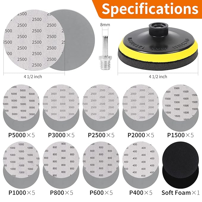 45PCS 5 Inch Wet Dry Sanding Discs Kit with Hook and Loop Backing Pad 5/8-11 and Foam, Angle Grinder Drill Sanding Attachment, Sander for Drill 400 to 5000 Grits Sandpaper for Wood Metal Car