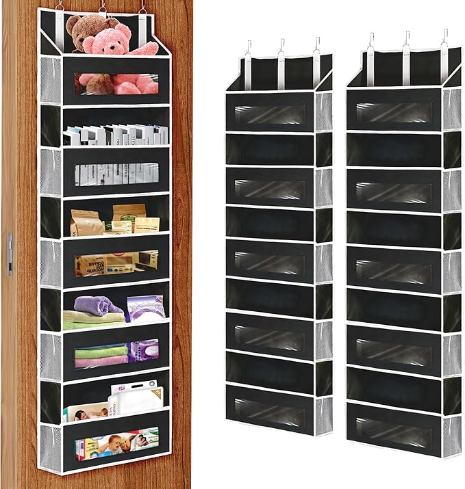 2 Packs 5-Tier Over the Door Storage Organizer with 10 Side Mesh Pockets, 48 lbs Load Capacity, 3 Hooks Design, Hanging Organizer with Clear Windows for Bathroom, Bedroom, Nursery, Kitchen-Black