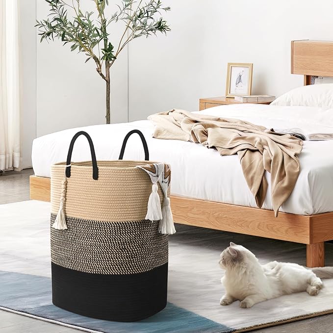 Woven Laundry Basket for Clothes, 50 L Large Rectangle Laundry Hampers with Beads Tassel, Nursery Storage Basket for Toys, Tall Dirty Clothes Hamper for Bedroom Aesthetic, Laundry Room Organization
