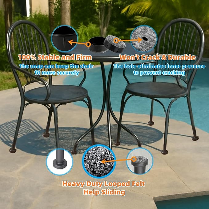 Wrought Iron Patio Furniture Feet Caps - Furnigear 1-1/2" Round Plastic Outdoor Chair Leg Caps, Floor Protectors Patio Furniture Replacement Rubber Feet with Heavy Duty Looped Felt (16 Pack, Black)