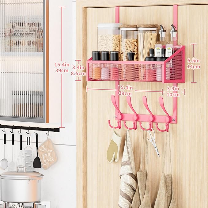 Over The Door Hooks Organizer, Coat Rack Over The Door Storage Hanger Towel Rack, Back of Storage Organizer for Bathroom,Bedroom,Kitchen,Office(Pink 2-Tier)