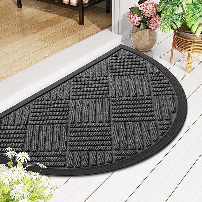 Smiry Half Circle Front Door Mat Outside Entrance, Heavy Duty Outdoor Indoor Natural Rubber Doormat, Non Slip, Trap Dirt and Moisture, Easy Clean, Low Profile Patio Porch Entryway Mat, 29.5x17, Grey